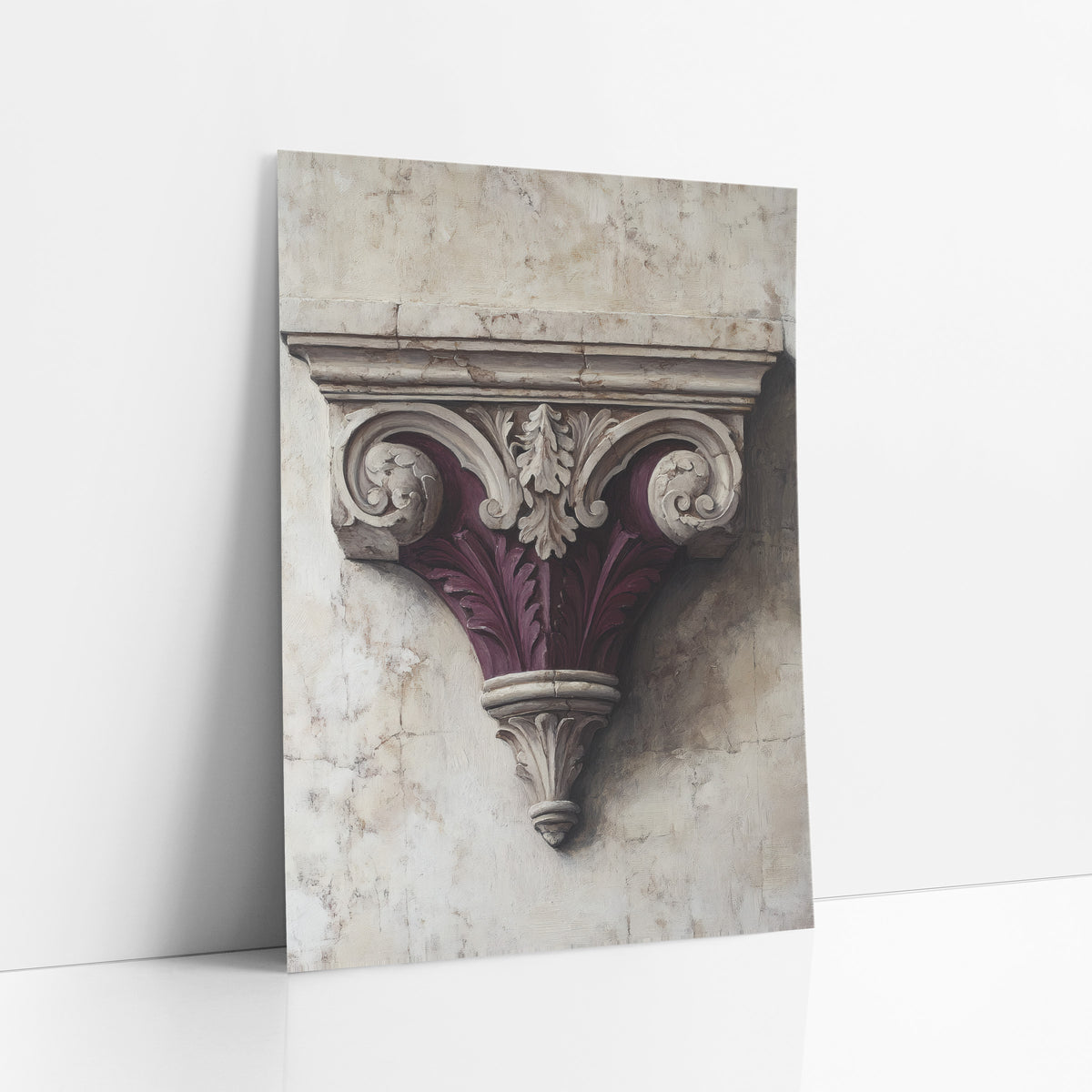 Burgundy Scrolled Corbel Architectural Luxury art print leaning against a white wall – carved classical bracket with curled