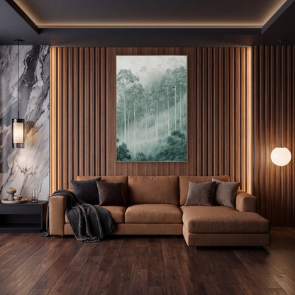 Misty Eucalyptus Grove Serene Modern wall art in an elegant modern room – tall pale eucalyptus trees rising through