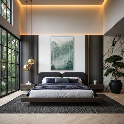 Misty Eucalyptus Grove Serene Modern wall art in an elegant modern room – tall pale eucalyptus trees rising through