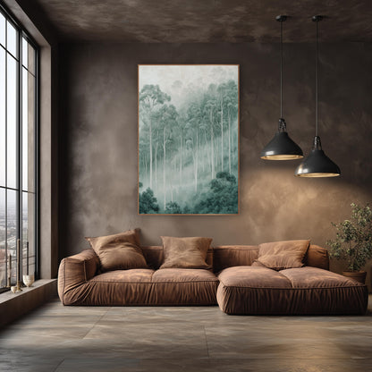 Misty Eucalyptus Grove Serene Modern wall art in an elegant modern room – tall pale eucalyptus trees rising through