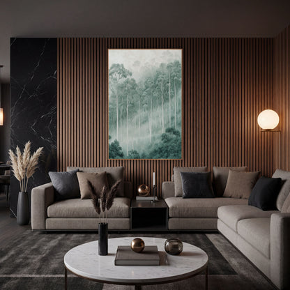 Misty Eucalyptus Grove Serene Modern wall art in an elegant modern room – tall pale eucalyptus trees rising through
