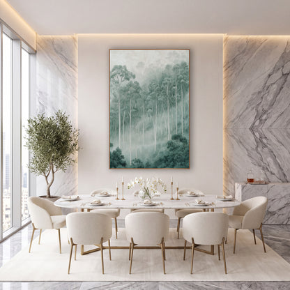 Misty Eucalyptus Grove Serene Modern wall art in an elegant modern room – tall pale eucalyptus trees rising through
