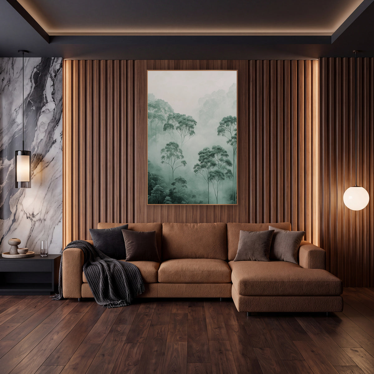 Rising Canopy Fog Eucalyptus Landscape wall art in an elegant modern room – tall eucalyptus trees with rounded leafy