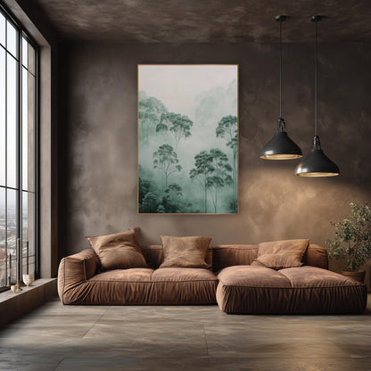 Rising Canopy Fog Eucalyptus Landscape wall art in an elegant modern room – tall eucalyptus trees with rounded leafy