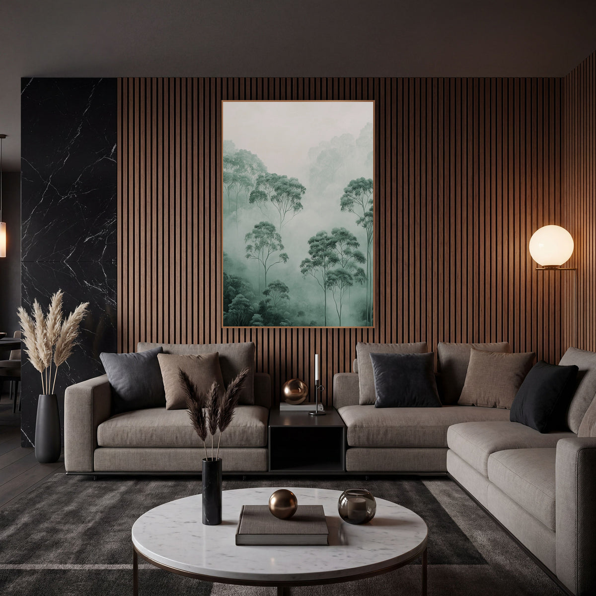 Rising Canopy Fog Eucalyptus Landscape wall art in an elegant modern room – tall eucalyptus trees with rounded leafy