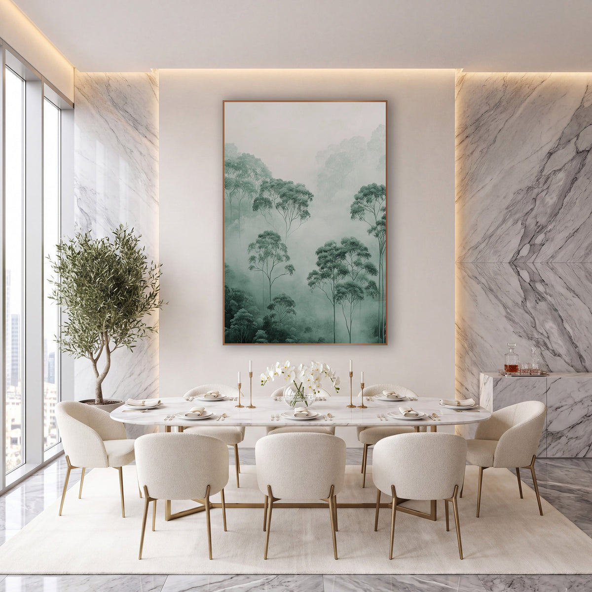 Rising Canopy Fog Eucalyptus Landscape wall art in an elegant modern room – tall eucalyptus trees with rounded leafy