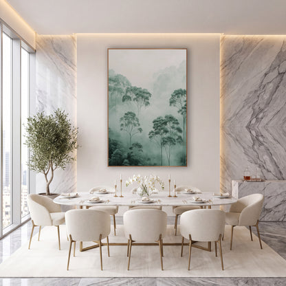 Rising Canopy Fog Eucalyptus Landscape wall art in an elegant modern room – tall eucalyptus trees with rounded leafy