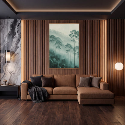 Misty Eucalyptus Grove Organic Modern wall art in an elegant modern room – tall eucalyptus trees in soft fog