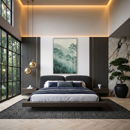 Misty Eucalyptus Grove Organic Modern wall art in an elegant modern room – tall eucalyptus trees in soft fog