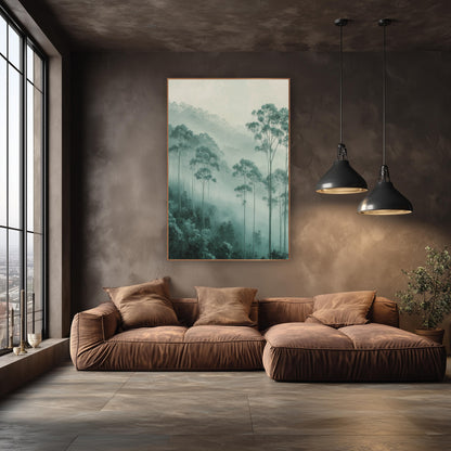 Misty Eucalyptus Grove Organic Modern wall art in an elegant modern room – tall eucalyptus trees in soft fog