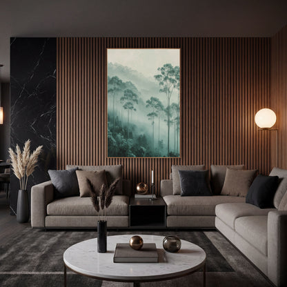 Misty Eucalyptus Grove Organic Modern wall art in an elegant modern room – tall eucalyptus trees in soft fog