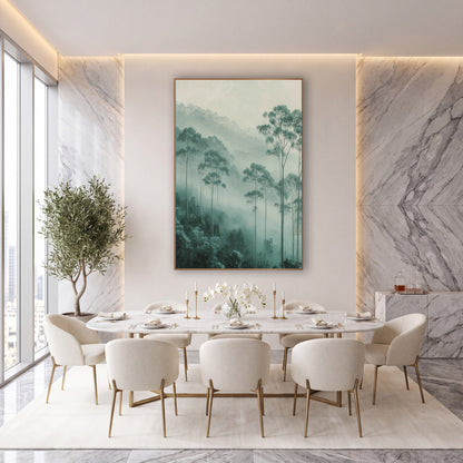 Misty Eucalyptus Grove Organic Modern wall art in an elegant modern room – tall eucalyptus trees in soft fog