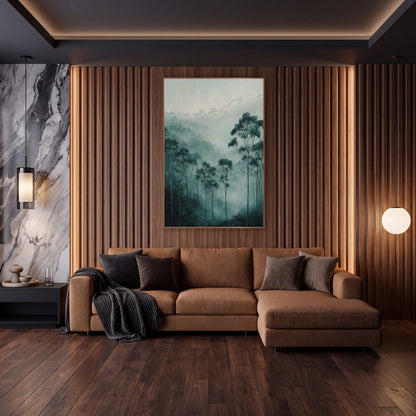 Misty Teal Eucalyptus Valley Moody wall art in an elegant modern room – tall eucalyptus trees with rounded teal-green