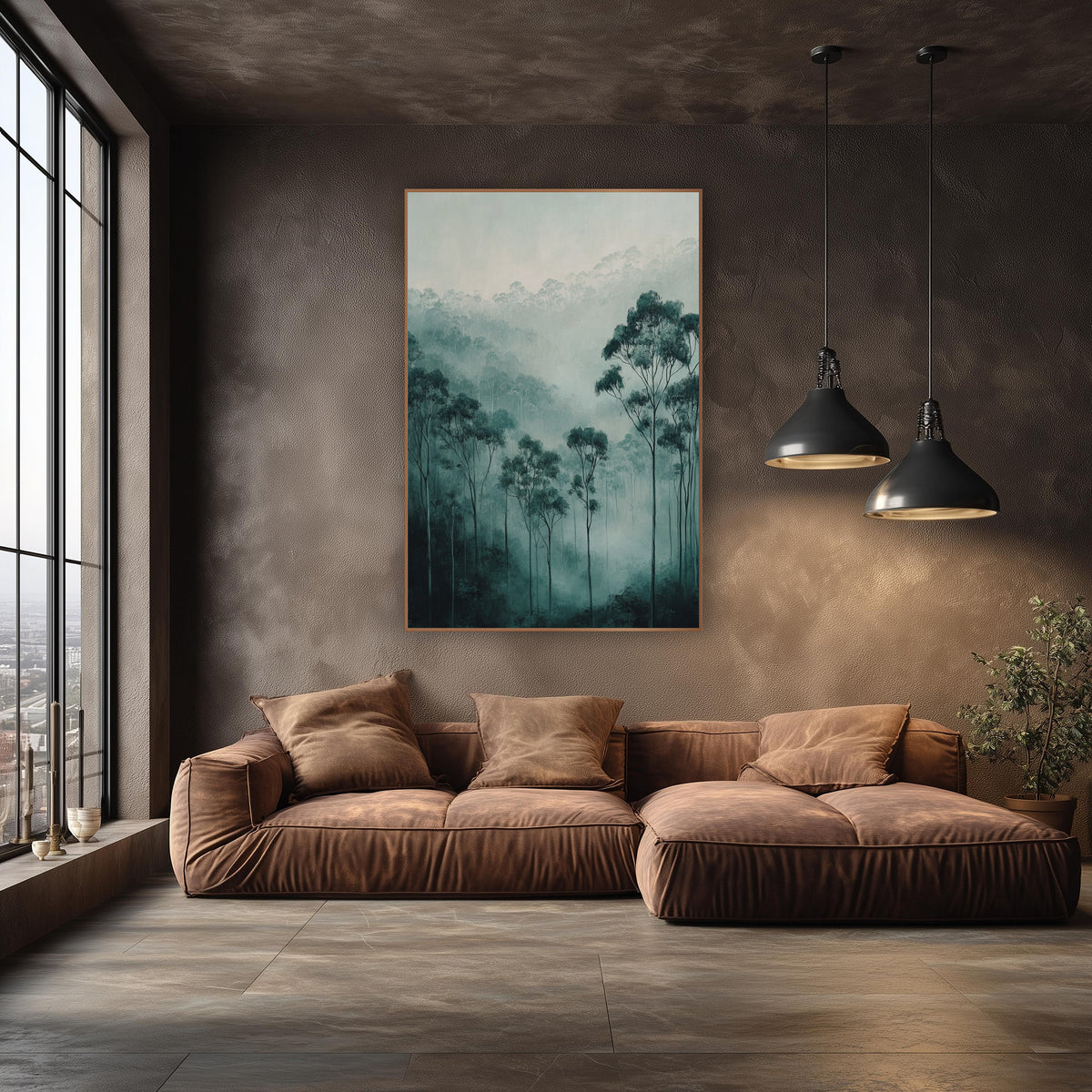 Misty Teal Eucalyptus Valley Moody wall art in an elegant modern room – tall eucalyptus trees with rounded teal-green