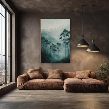 Misty Teal Eucalyptus Valley Moody wall art in an elegant modern room – tall eucalyptus trees with rounded teal-green