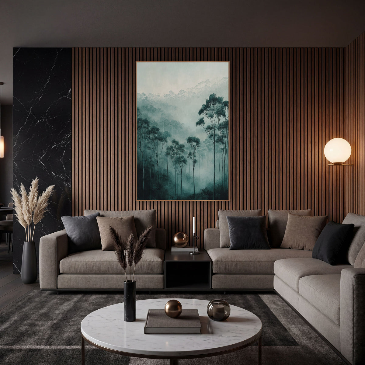 Misty Teal Eucalyptus Valley Moody wall art in an elegant modern room – tall eucalyptus trees with rounded teal-green