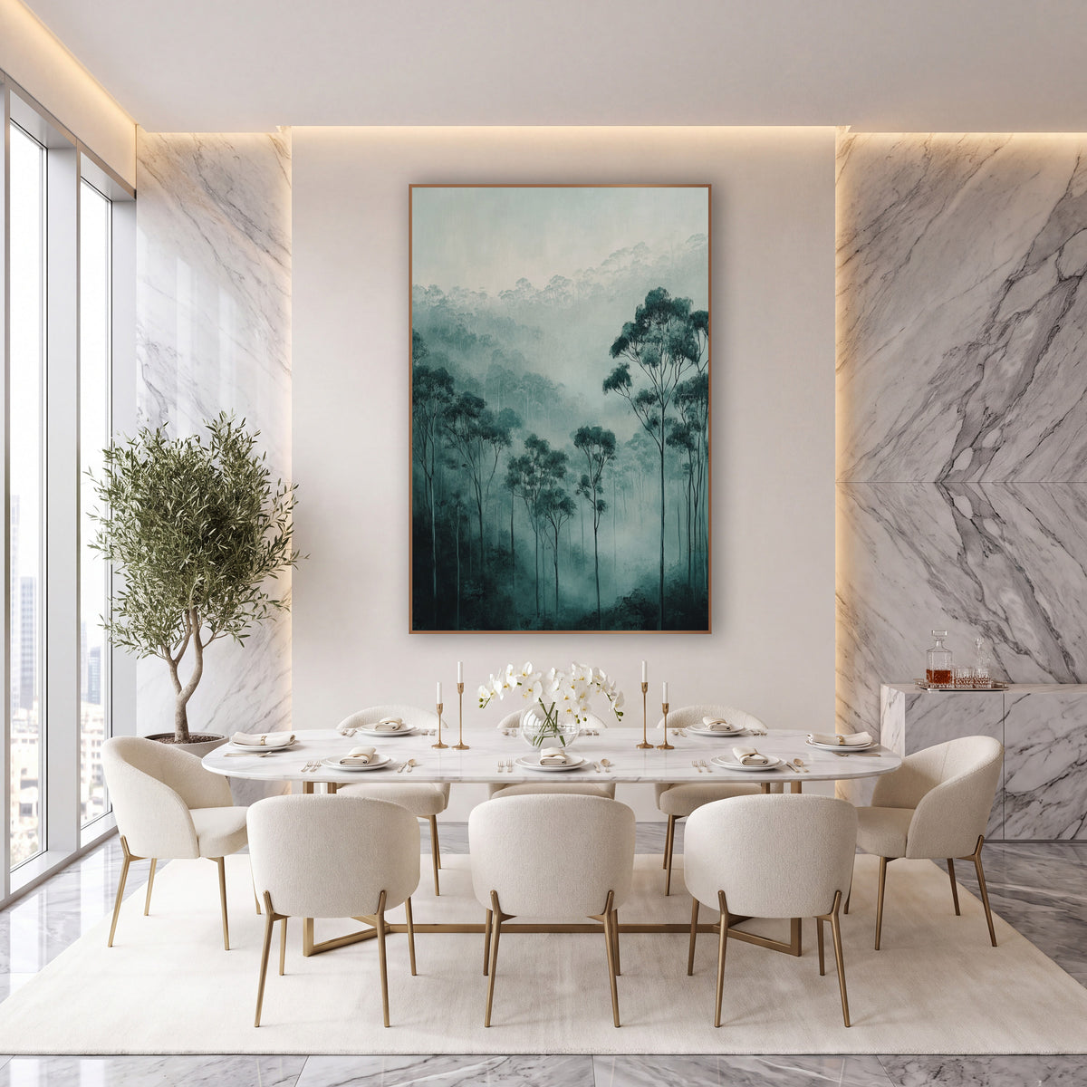 Misty Teal Eucalyptus Valley Moody wall art in an elegant modern room – tall eucalyptus trees with rounded teal-green
