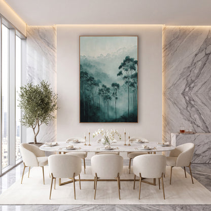 Misty Teal Eucalyptus Valley Moody wall art in an elegant modern room – tall eucalyptus trees with rounded teal-green
