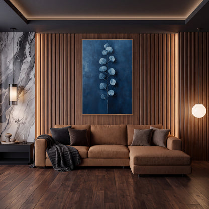 Cobalt Ladder Eucalyptus Stem Painterly wall art in an elegant modern room – eucalyptus stem with round silvery blue