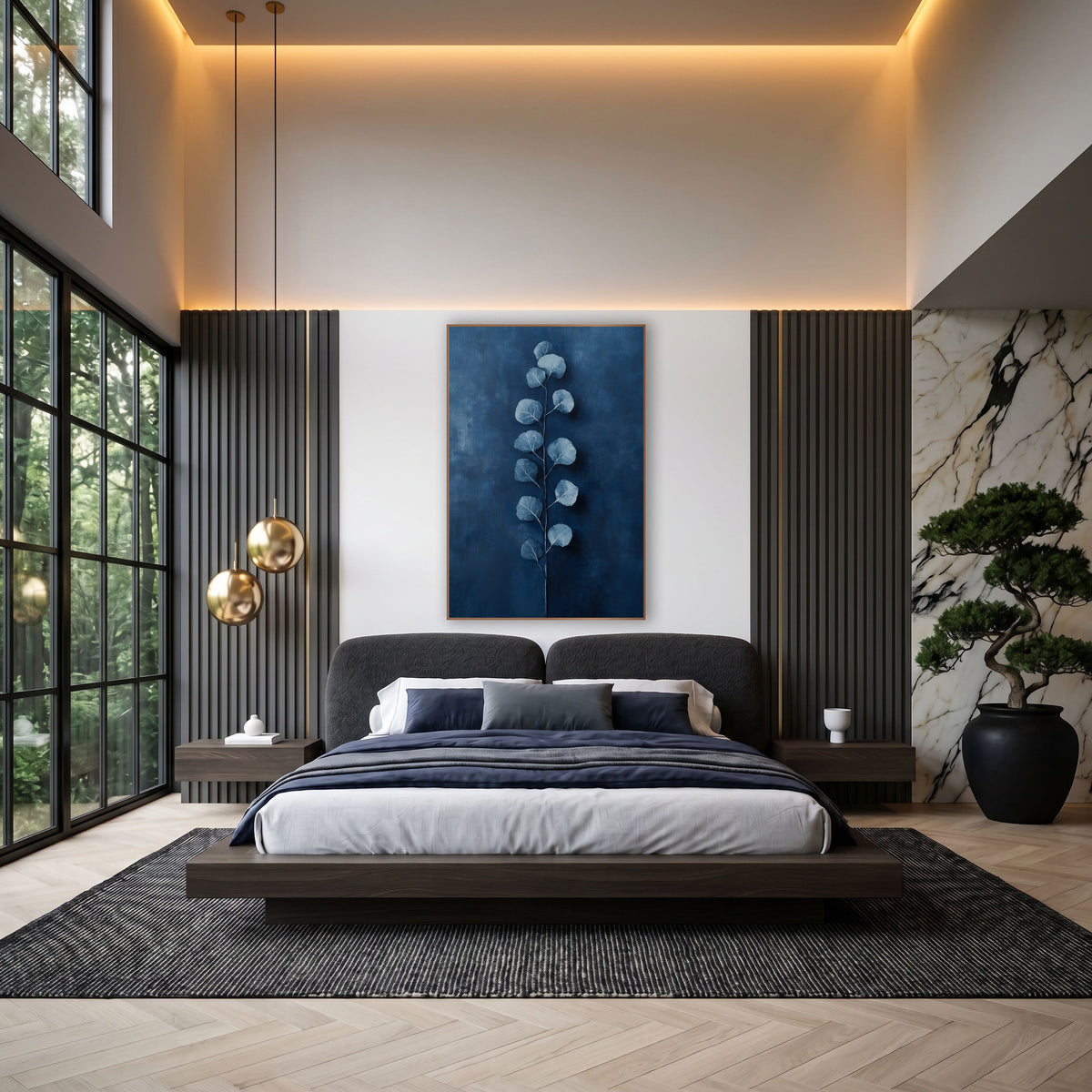 Cobalt Ladder Eucalyptus Stem Painterly wall art in an elegant modern room – eucalyptus stem with round silvery blue