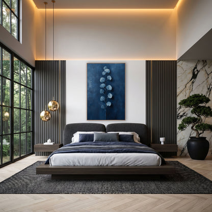 Cobalt Ladder Eucalyptus Stem Painterly wall art in an elegant modern room – eucalyptus stem with round silvery blue
