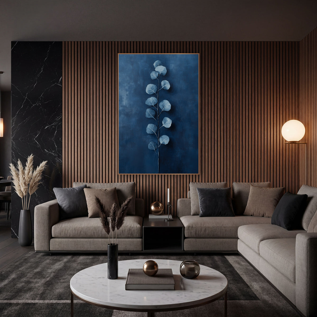 Cobalt Ladder Eucalyptus Stem Painterly wall art in an elegant modern room – eucalyptus stem with round silvery blue