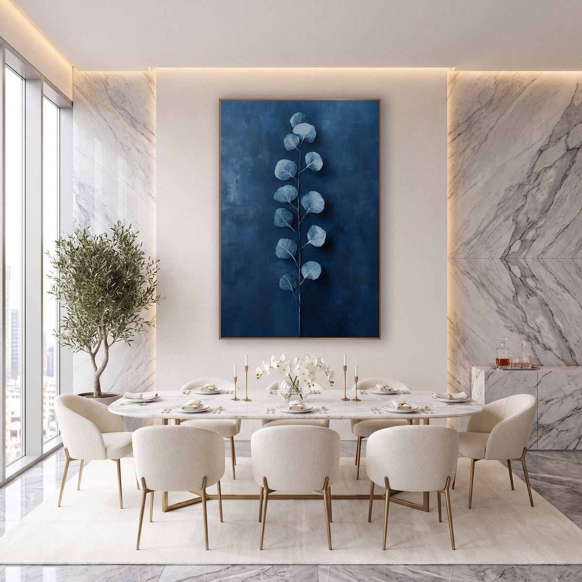 Cobalt Ladder Eucalyptus Stem Painterly wall art in an elegant modern room – eucalyptus stem with round silvery blue