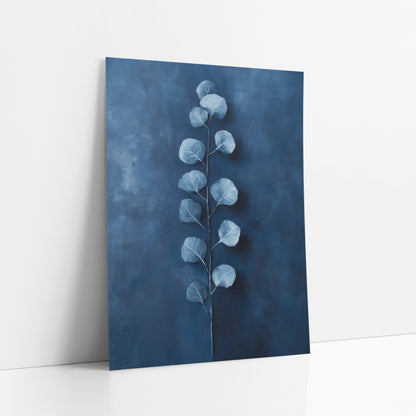 Cobalt Ladder Eucalyptus Stem Painterly art print leaning against a white wall – eucalyptus stem with round silvery blue