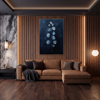 Navy Glow Eucalyptus Stem Moody wall art in an elegant modern room – single eucalyptus stem with round pale blue