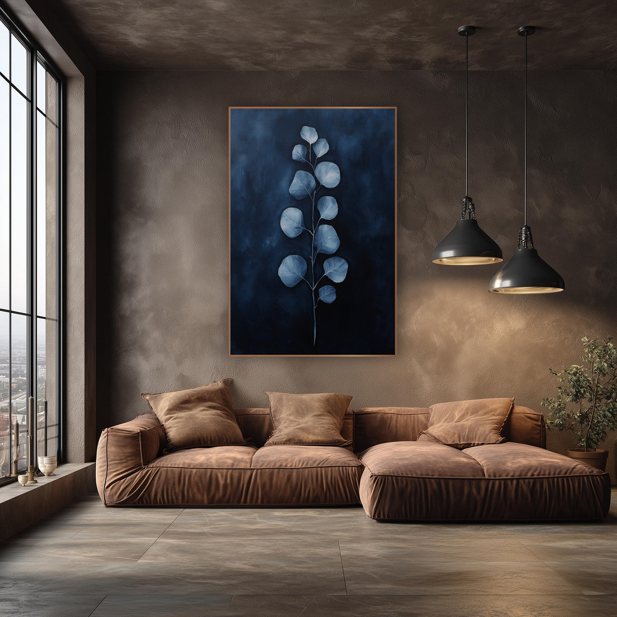 Navy Glow Eucalyptus Stem Moody wall art in an elegant modern room – single eucalyptus stem with round pale blue
