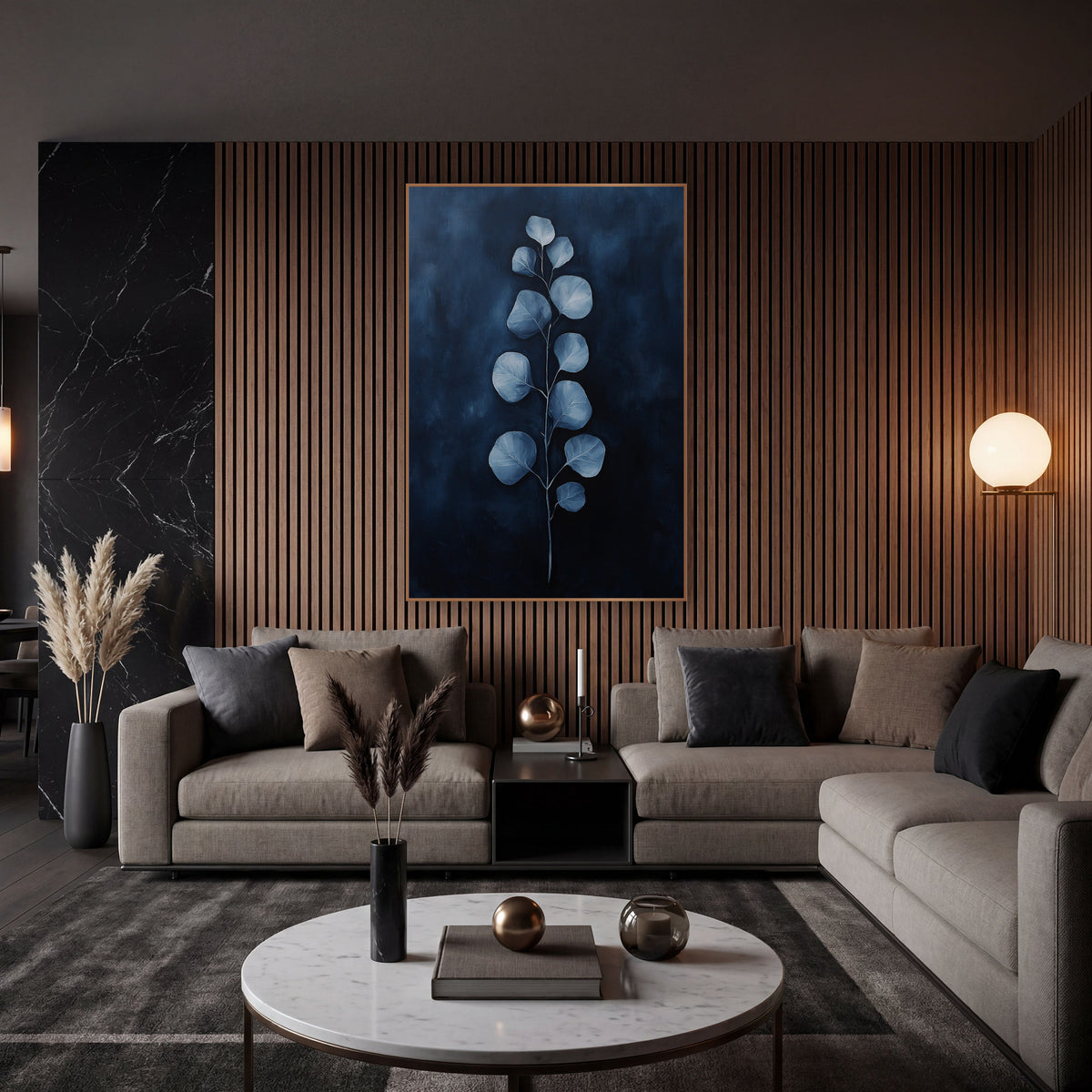Navy Glow Eucalyptus Stem Moody wall art in an elegant modern room – single eucalyptus stem with round pale blue