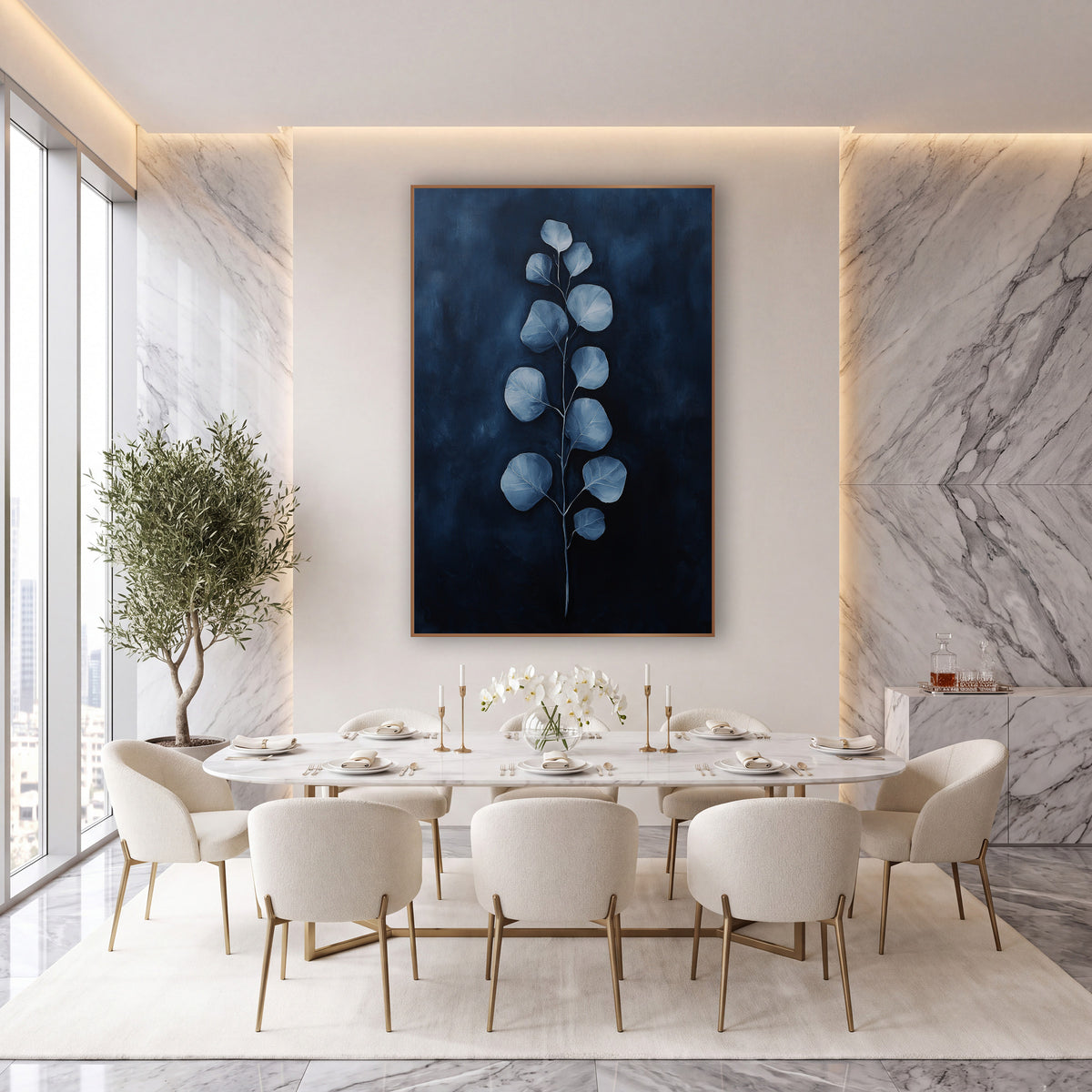 Navy Glow Eucalyptus Stem Moody wall art in an elegant modern room – single eucalyptus stem with round pale blue
