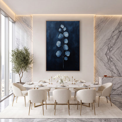 Navy Glow Eucalyptus Stem Moody wall art in an elegant modern room – single eucalyptus stem with round pale blue