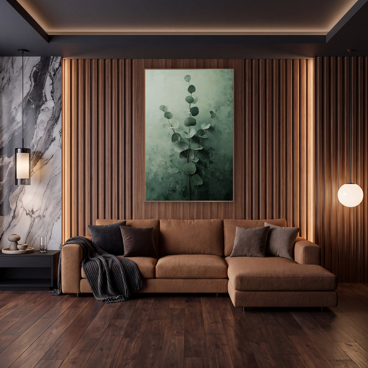 Sage Eucalyptus Stems Tonal Botanical wall art in an elegant modern room – eucalyptus stems with round sage and forest