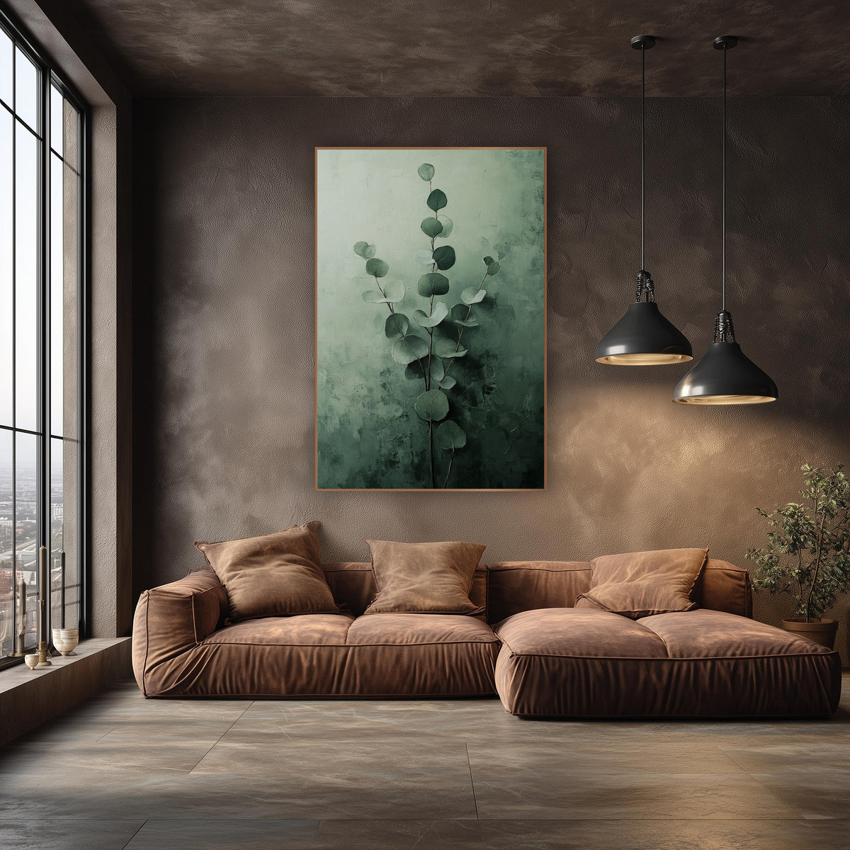 Sage Eucalyptus Stems Tonal Botanical wall art in an elegant modern room – eucalyptus stems with round sage and forest