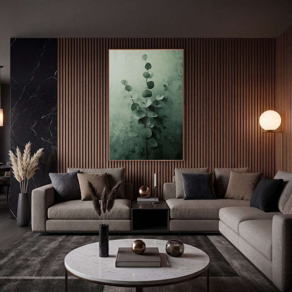 Sage Eucalyptus Stems Tonal Botanical wall art in an elegant modern room – eucalyptus stems with round sage and forest