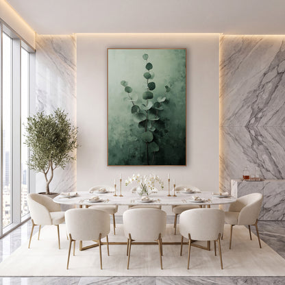 Sage Eucalyptus Stems Tonal Botanical wall art in an elegant modern room – eucalyptus stems with round sage and forest