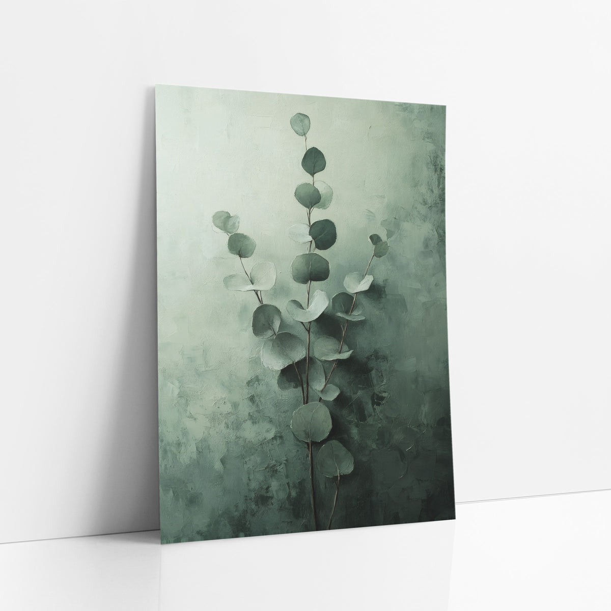 Sage Eucalyptus Stems Tonal Botanical art print leaning against a white wall – eucalyptus stems with round sage and forest