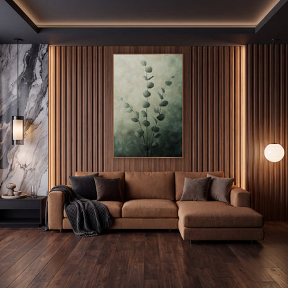 Sage Eucalyptus Stems Moody Botanical wall art in an elegant modern room – three slender eucalyptus stems with round