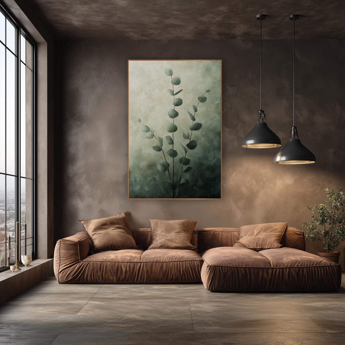 Sage Eucalyptus Stems Moody Botanical wall art in an elegant modern room – three slender eucalyptus stems with round
