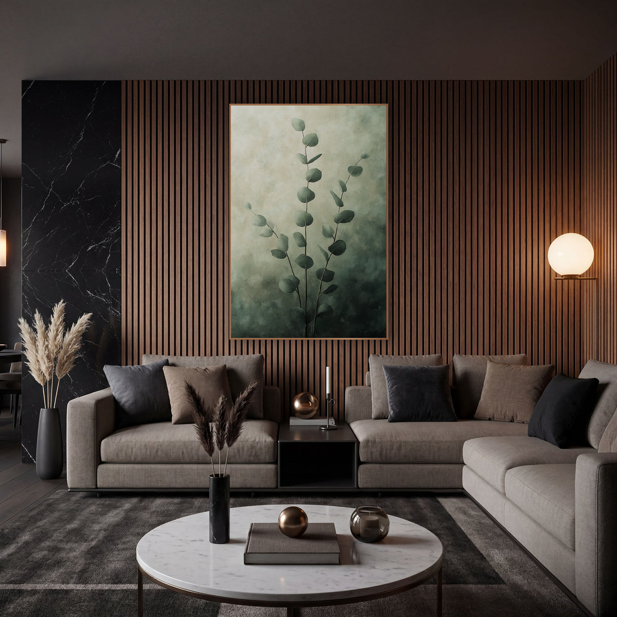 Sage Eucalyptus Stems Moody Botanical wall art in an elegant modern room – three slender eucalyptus stems with round