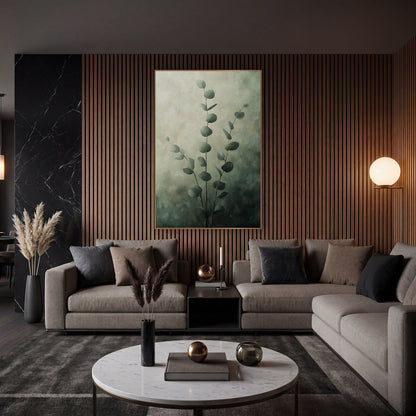 Sage Eucalyptus Stems Moody Botanical wall art in an elegant modern room – three slender eucalyptus stems with round