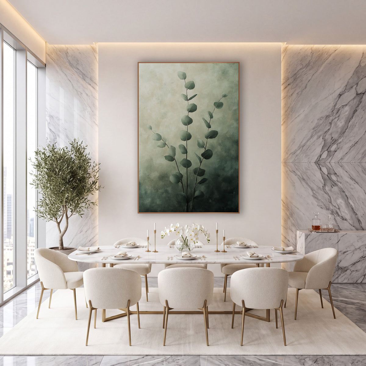 Sage Eucalyptus Stems Moody Botanical wall art in an elegant modern room – three slender eucalyptus stems with round