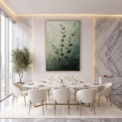 Sage Eucalyptus Stems Moody Botanical wall art in an elegant modern room – three slender eucalyptus stems with round