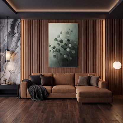 Gray Green Eucalyptus Stems Botanical wall art in an elegant modern room – eucalyptus stems with round gray-green