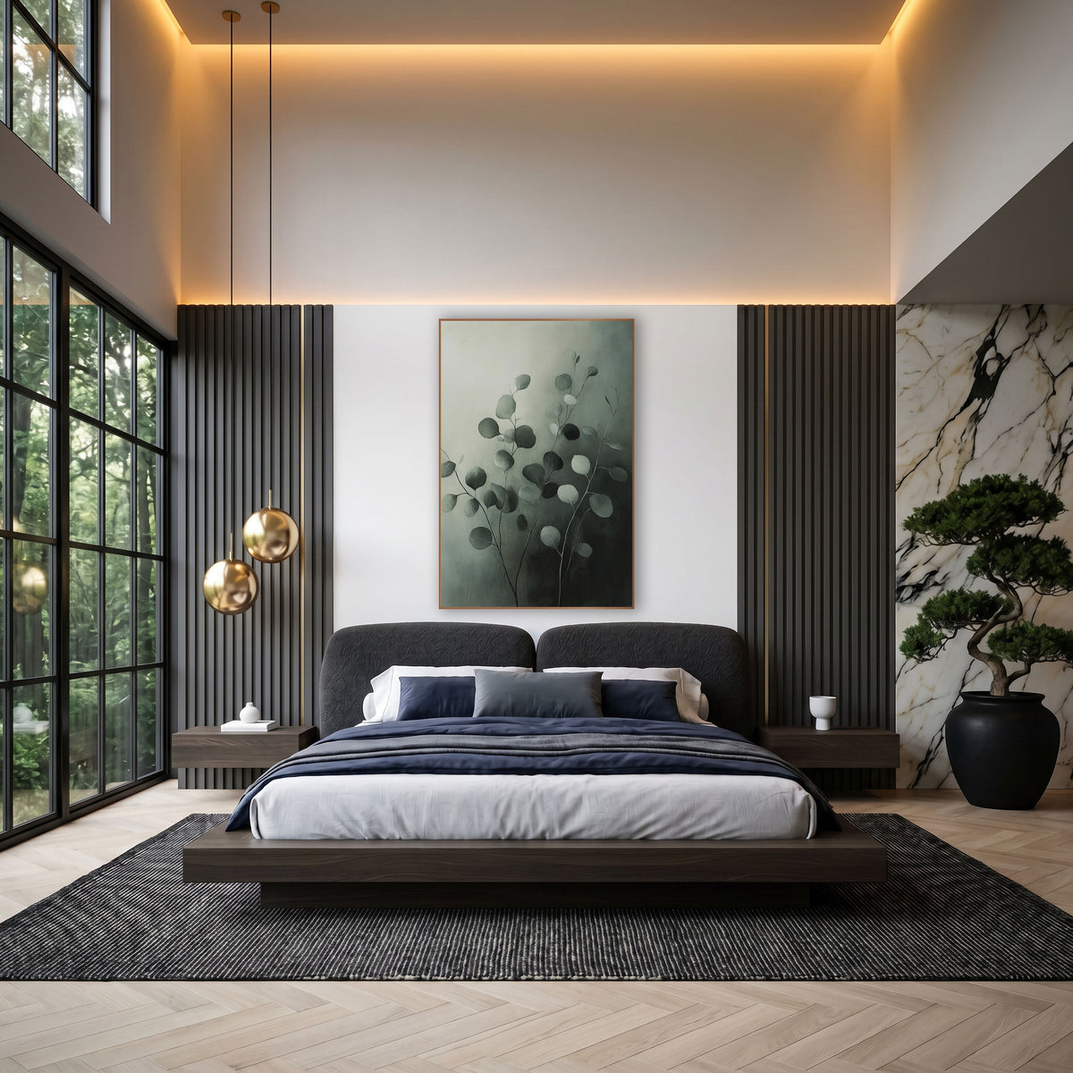 Gray Green Eucalyptus Stems Botanical wall art in an elegant modern room – eucalyptus stems with round gray-green
