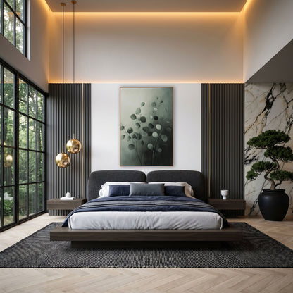 Gray Green Eucalyptus Stems Botanical wall art in an elegant modern room – eucalyptus stems with round gray-green