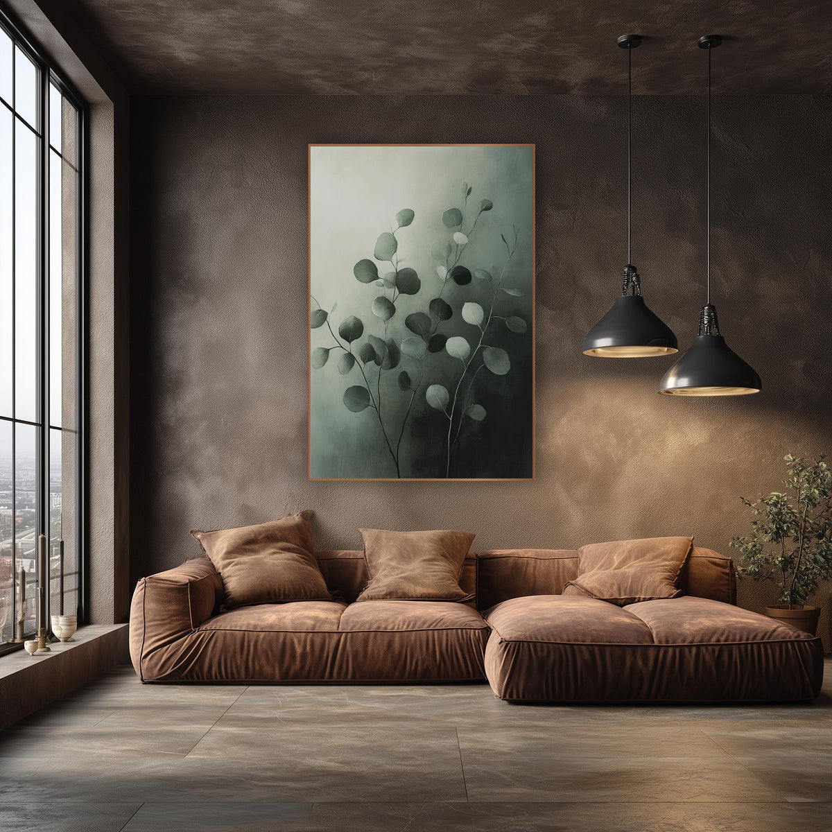 Gray Green Eucalyptus Stems Botanical wall art in an elegant modern room – eucalyptus stems with round gray-green
