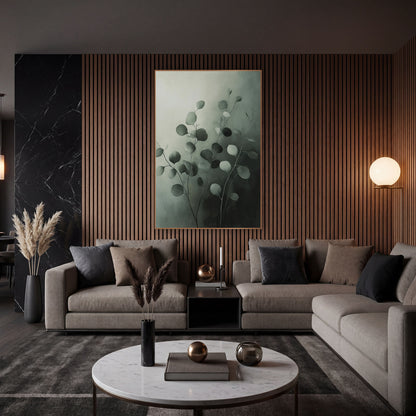 Gray Green Eucalyptus Stems Botanical wall art in an elegant modern room – eucalyptus stems with round gray-green