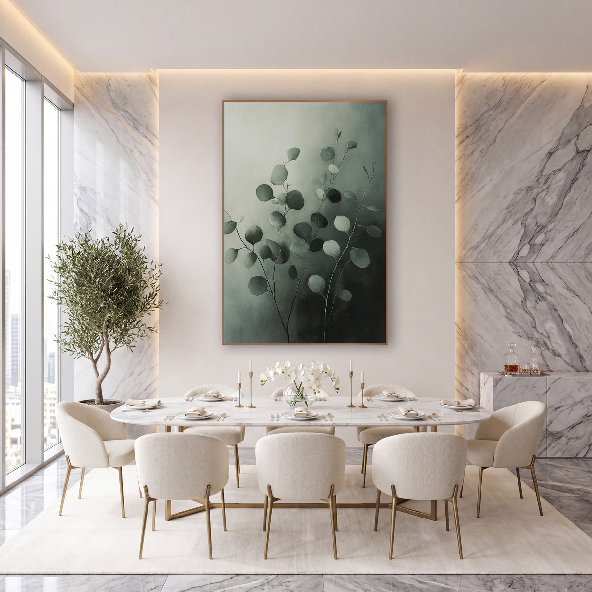Gray Green Eucalyptus Stems Botanical wall art in an elegant modern room – eucalyptus stems with round gray-green